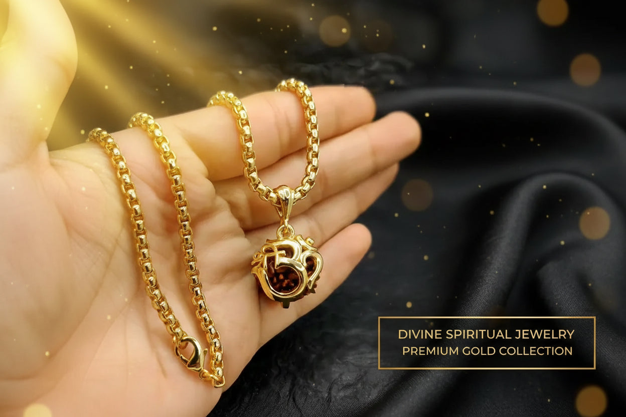 Gold necklace with OM pendant held in a hand against a dark background
